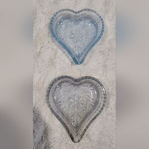 2pc Vintage Light Blue & Grey Heart Sandwich Glass Trinket Dish
